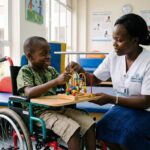 Child using a wheelchair with an occupational therapist at Gertrude's