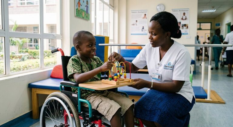 Child using a wheelchair with an occupational therapist at Gertrude's